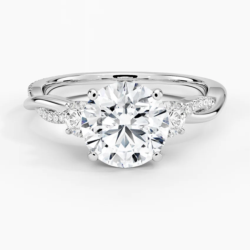 Round Cut Moissanite Engagement Ring, Twisted Pave Band Ring, 3 Stone Diamond Ring