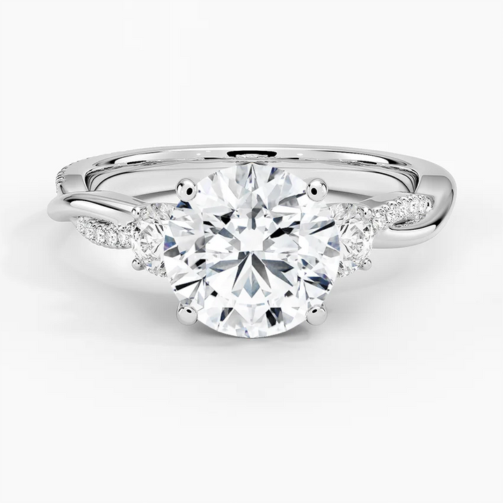 Round Cut Moissanite Engagement Ring, Twisted Pave Band Ring, 3 Stone Diamond Ring