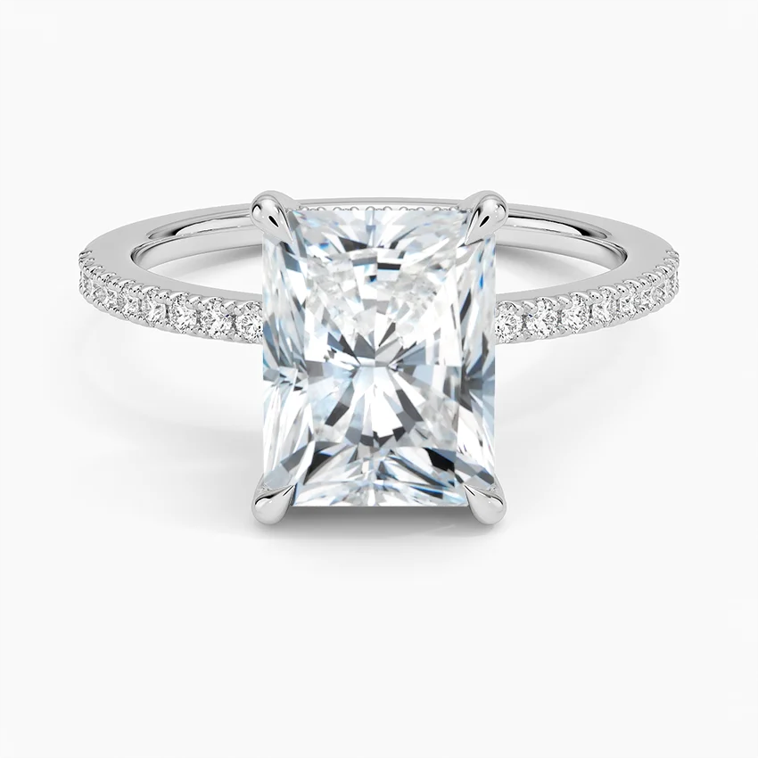 Radiant Cut Diamond Engagement Ring, Hidden Halo Pavé Band Ring, Thin Gold Solitaire Ring