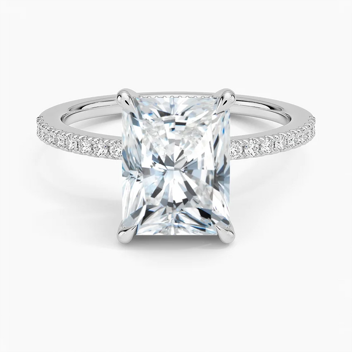 Radiant Cut Diamond Engagement Ring, Hidden Halo Pavé Band Ring, Thin Gold Solitaire Ring