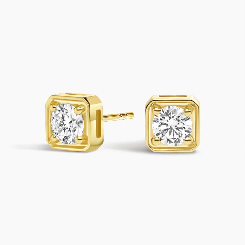 Bezel Diamond Stud Earrings, Minimalist Square Solitaire Earrings, Round Cut Diamond Studs