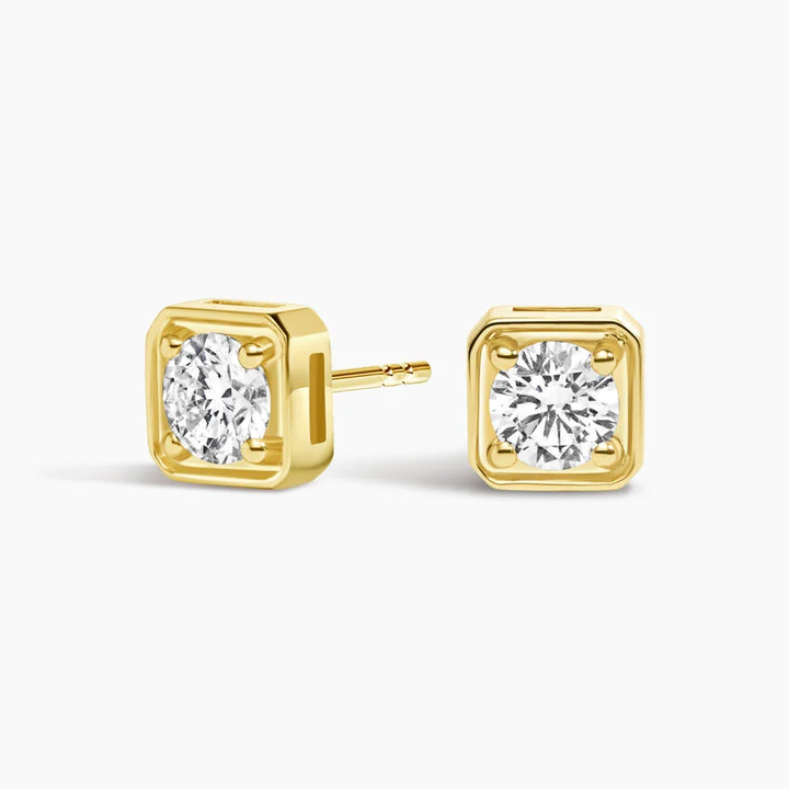 Bezel Diamond Stud Earrings, Minimalist Square Solitaire Earrings, Round Cut Diamond Studs