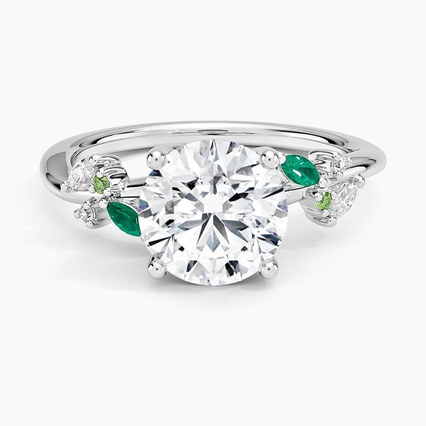 Round Cut Moissanite Engagement Ring with Emerald Leaf Side Stones, Nature Inspired Bridal Ring, Solid Gold Solitaire Ring (Copy)