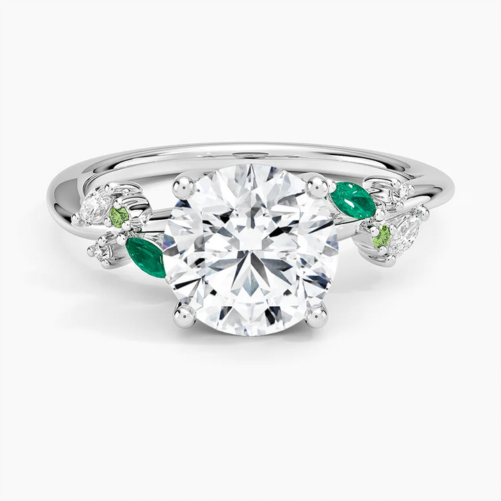 Round Cut Moissanite Engagement Ring with Emerald Leaf Side Stones, Nature Inspired Bridal Ring, Solid Gold Solitaire Ring (Copy)