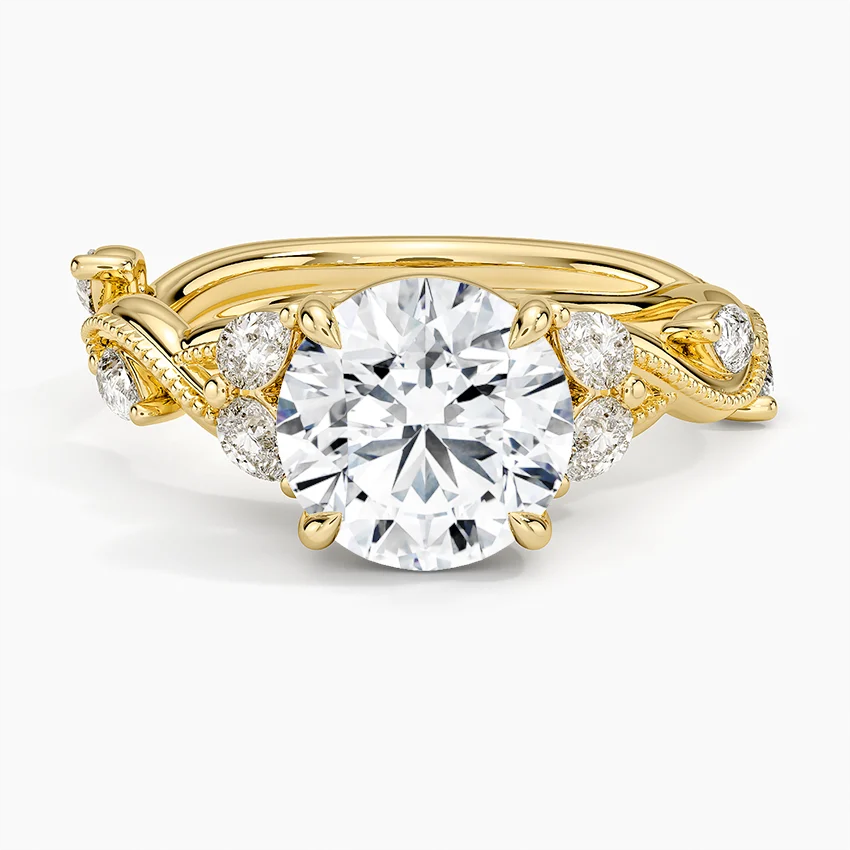 Round Cut Moissanite Engagement Ring, Twisted Pavé Diamond Band, Vintage Inspired Bridal Ring