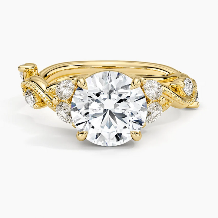 Round Cut Moissanite Engagement Ring, Twisted Pavé Diamond Band, Vintage Inspired Bridal Ring
