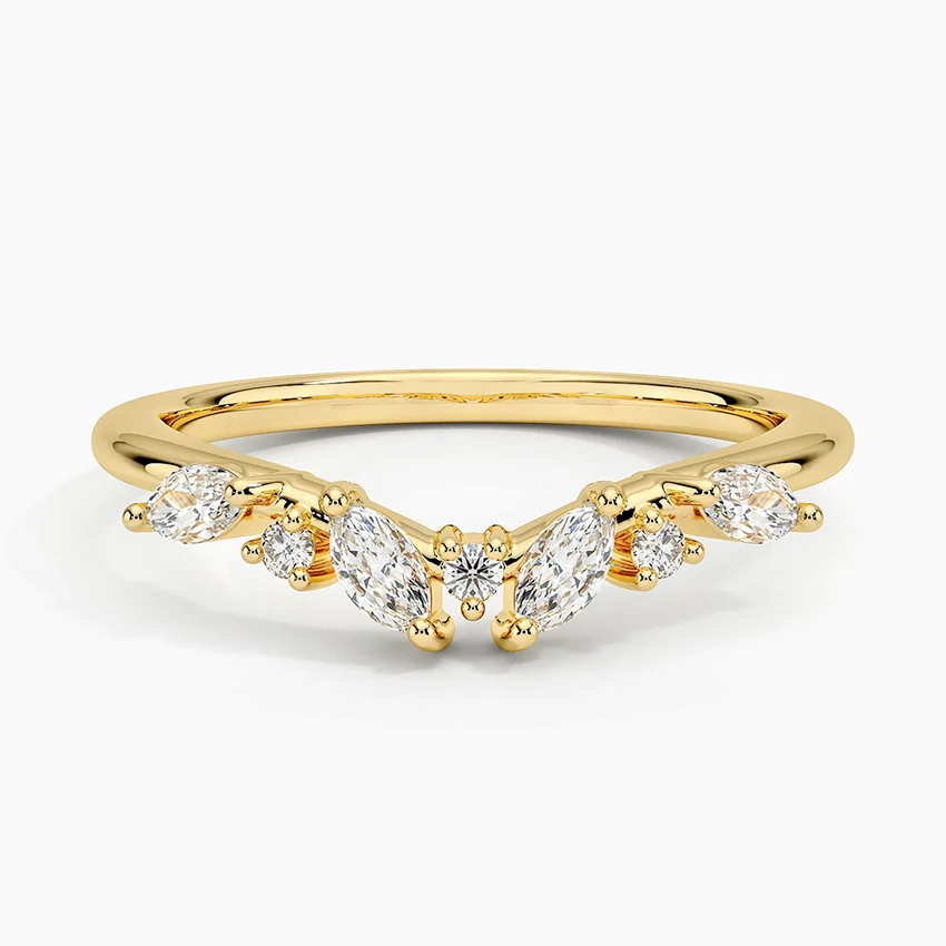 Marquise & Round Diamond Chevron Ring, Minimalist V-Shaped Wedding Band, Stackable Curved Diamond Ring