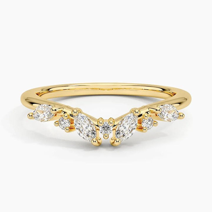 Marquise & Round Diamond Chevron Ring, Minimalist V-Shaped Wedding Band, Stackable Curved Diamond Ring
