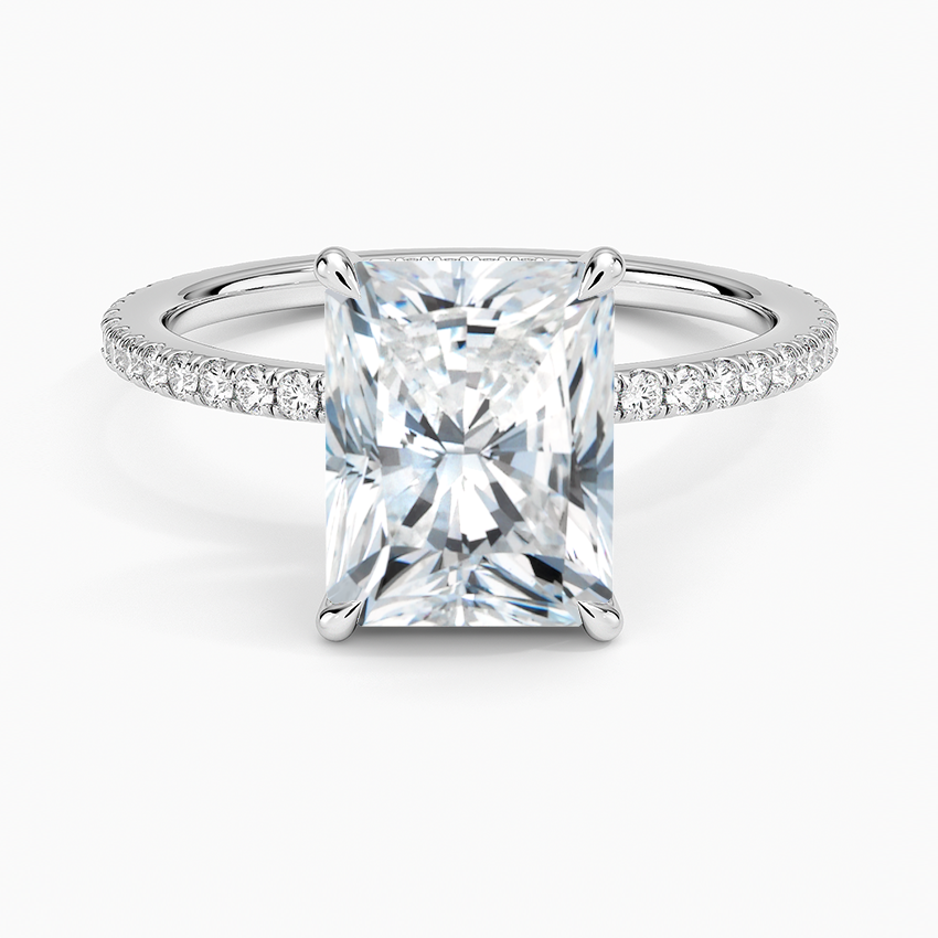 Radiant Cut Solitaire Engagement Ring with Pave Diamond Band, Minimalist Hidden Halo Style, Moissanite Diamond Ring