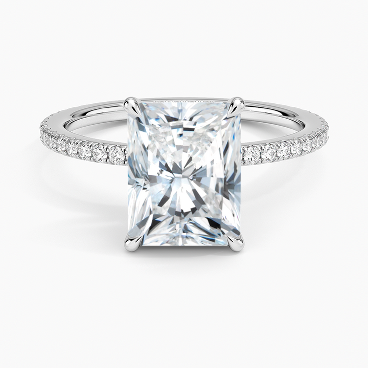 Radiant Cut Solitaire Engagement Ring with Pave Diamond Band, Minimalist Hidden Halo Style, Moissanite Diamond Ring