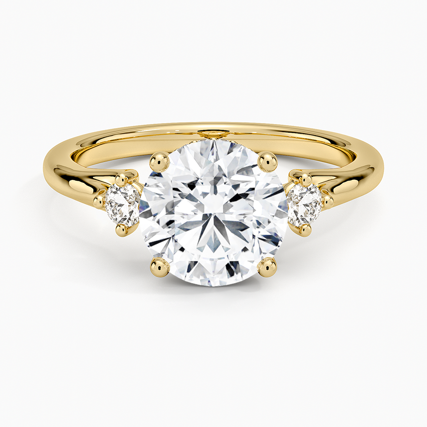 Round Cut Three Stone Diamond Engagement Ring, Classic Solitaire with Side Stones, Gold Bridal Ring