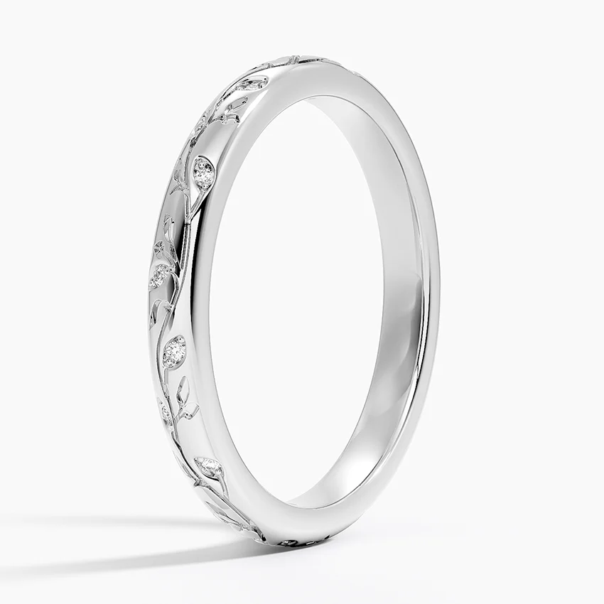 Diamond Leaf Engraved Ring, Minimalist Gold Vine Ring, Dainty Diamond Wedding Band