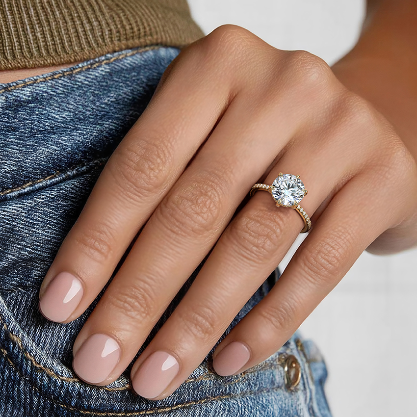 Round Cut Moissanite Engagement Ring, 6 Prong Solitaire Ring, Pave Diamond Band