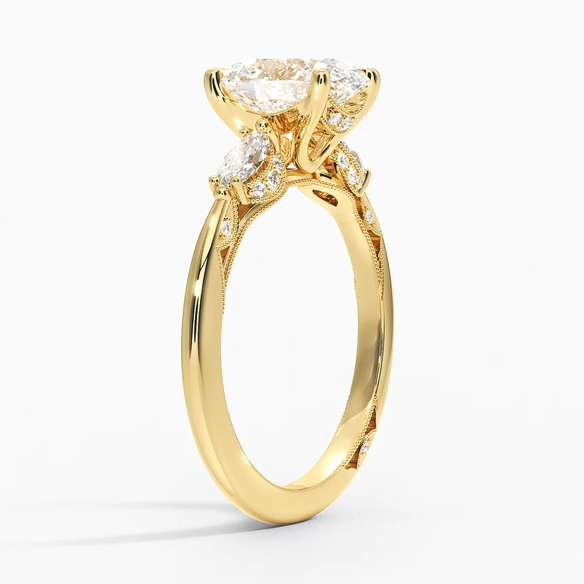 Oval Cut Diamond Engagement Ring, Three Stone Ring, Marquise Side Diamond Ring