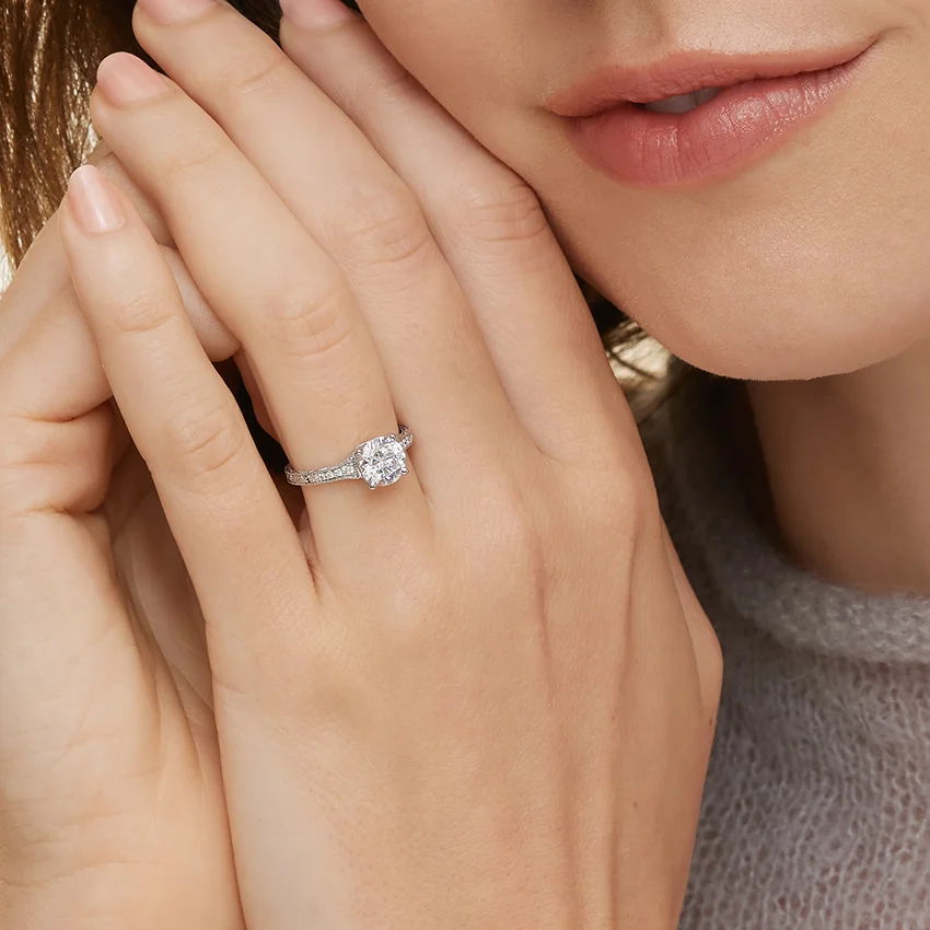 Oval Cut Moissanite Engagement Ring, Vintage Milgrain Pave Diamond Ring, Antique Style Bridal Ring