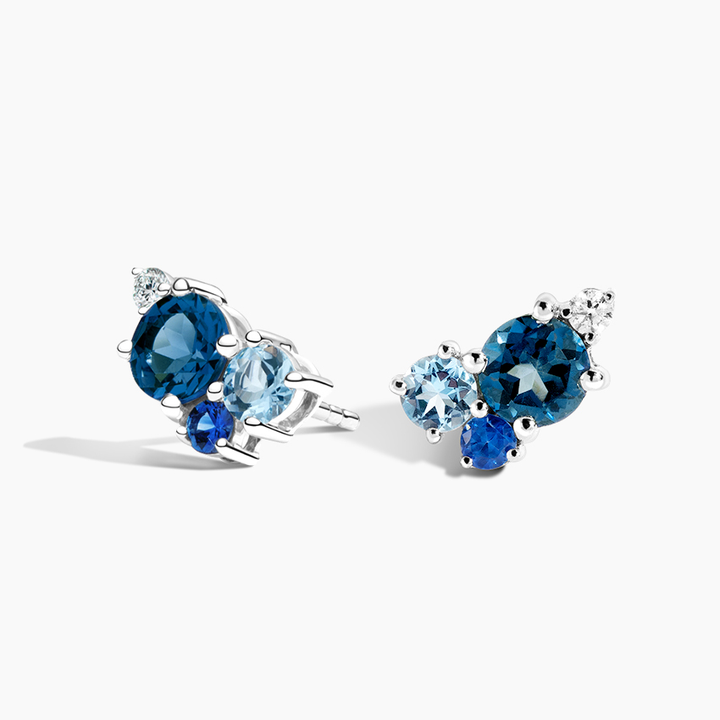 Blue Sapphire & Aquamarine Cluster Diamond Stud Earrings, Elegant Multi-Stone Studs