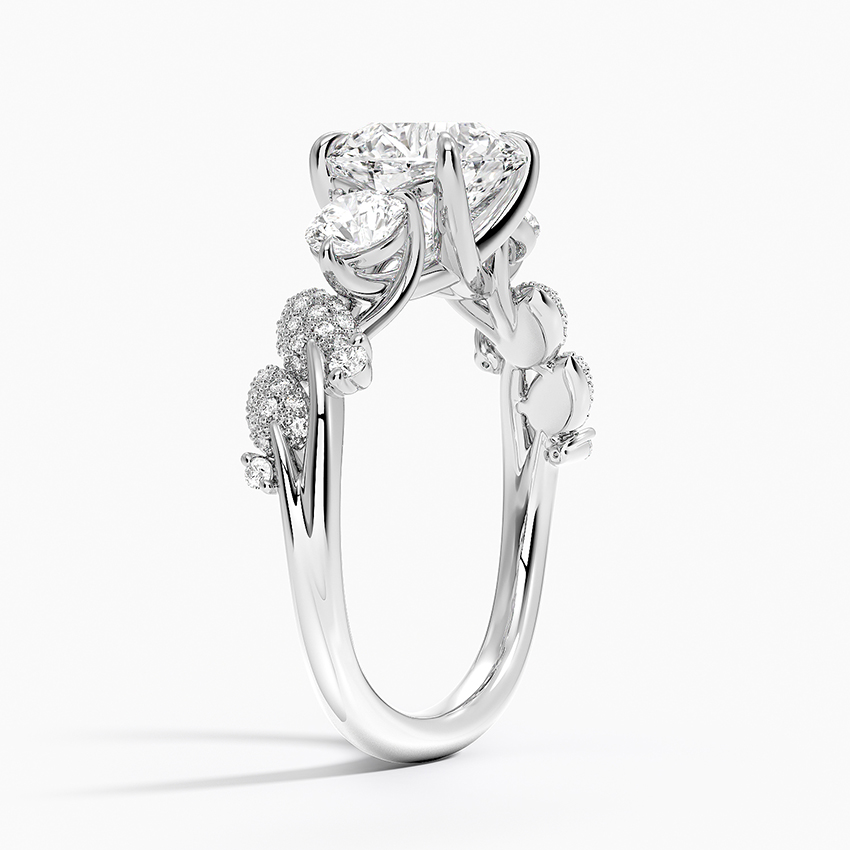 Round Cut Diamond Engagement Ring, Three Stone Diamond Ring, Floral Cluster Side Stones Ring