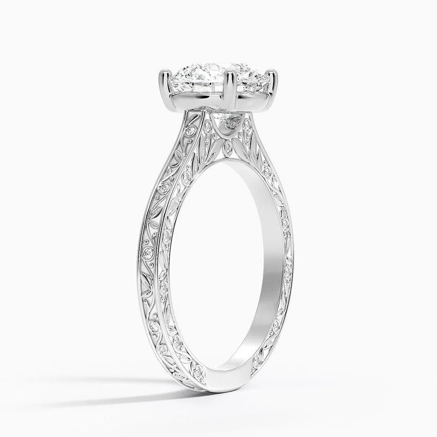 Vintage Floral Engraved Solitaire Moissanite Ring, Round Cut Diamond Ring, Unique Bridal Ring Gift for Her