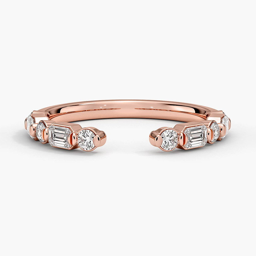 Open Diamond Cuff Ring, Baguette & Round Cut Diamond Ring, Minimalist Open Band Ring