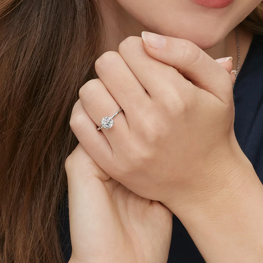 Emerald Cut Solitaire Engagement Ring, Hidden Halo Diamond Ring, Minimalist Prong Setting Ring