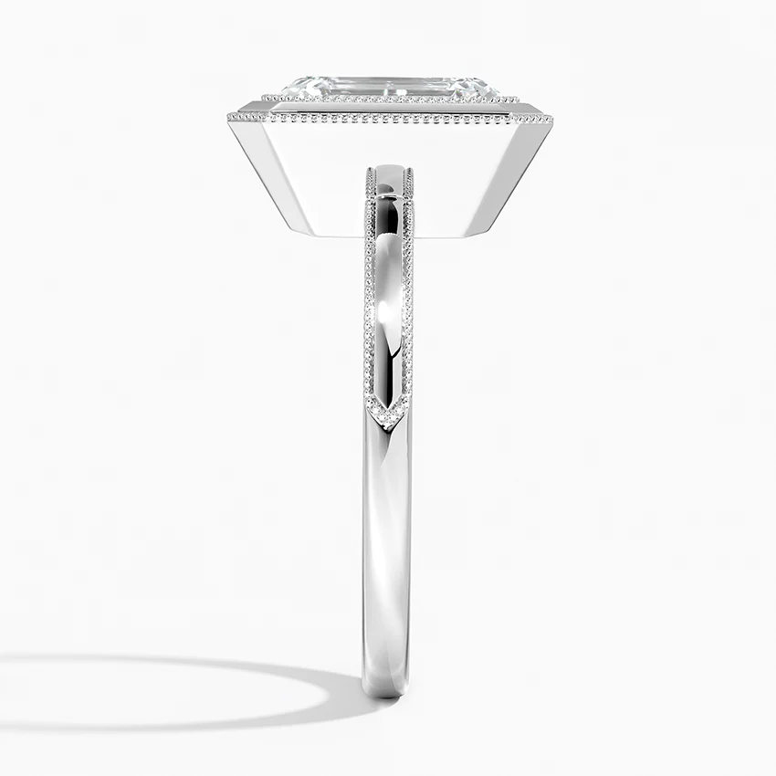 Emerald Cut Diamond Bezel Engagement Ring, Double Halo Milgrain Setting, Split Shank Solitaire Ring