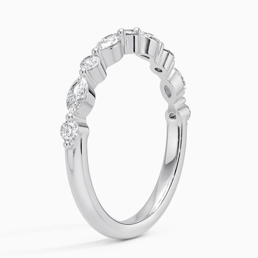 Marquise & Round Diamond Wedding Band, Curved Diamond Stacking Ring, Minimalist Anniversary Ring
