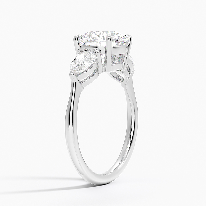 Round Cut Three Stone Diamond Engagement Ring, Marquise Side Stones Ring, Minimalist Bridal Ring