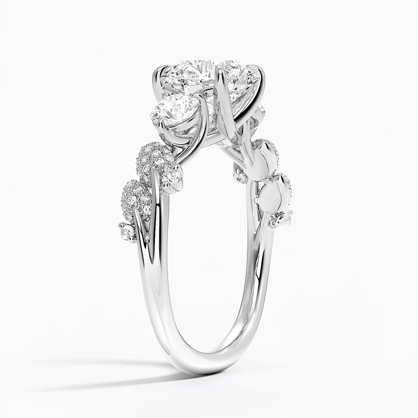 Floral Diamond Engagement Ring, Round Cut 3 Stone Ring, Leaf Inspired Diamond Ring