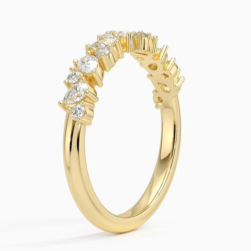 Pear & Round Diamond Half Eternity Ring, Alternating Teardrop Diamond Band, Solid Gold Wedding Band