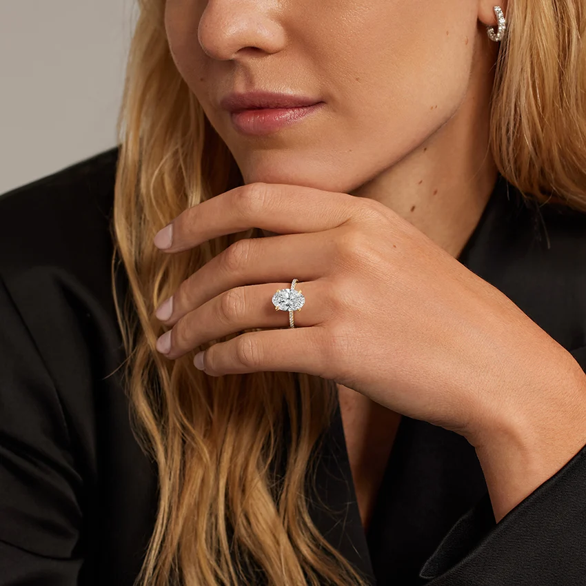 Oval Cut Diamond Engagement Ring, Hidden Halo Pavé Band, Solid Gold Ring