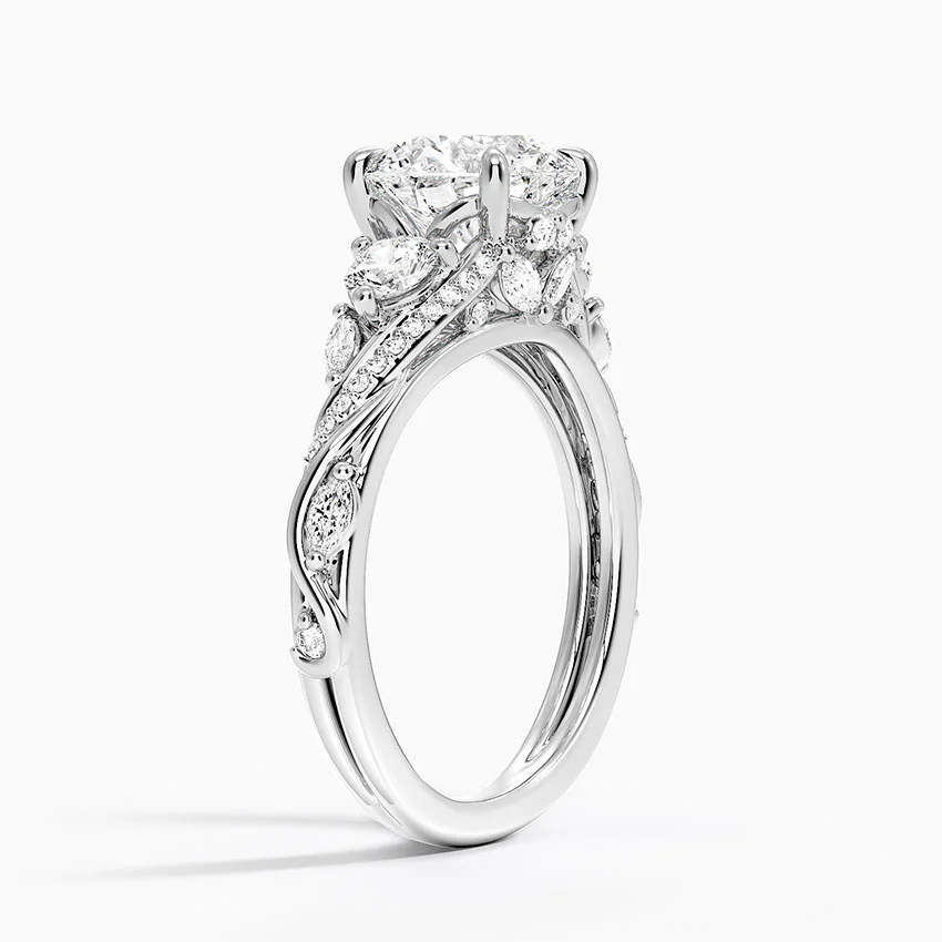 Round Brilliant Cut Diamond Engagement Ring, Twisted Vine Three Stone Ring, Floral Side Diamond Ring