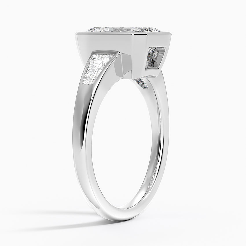 Emerald Cut Diamond Engagement Ring, Bezel Set Solitaire Ring, Tapered Side Stone Ring