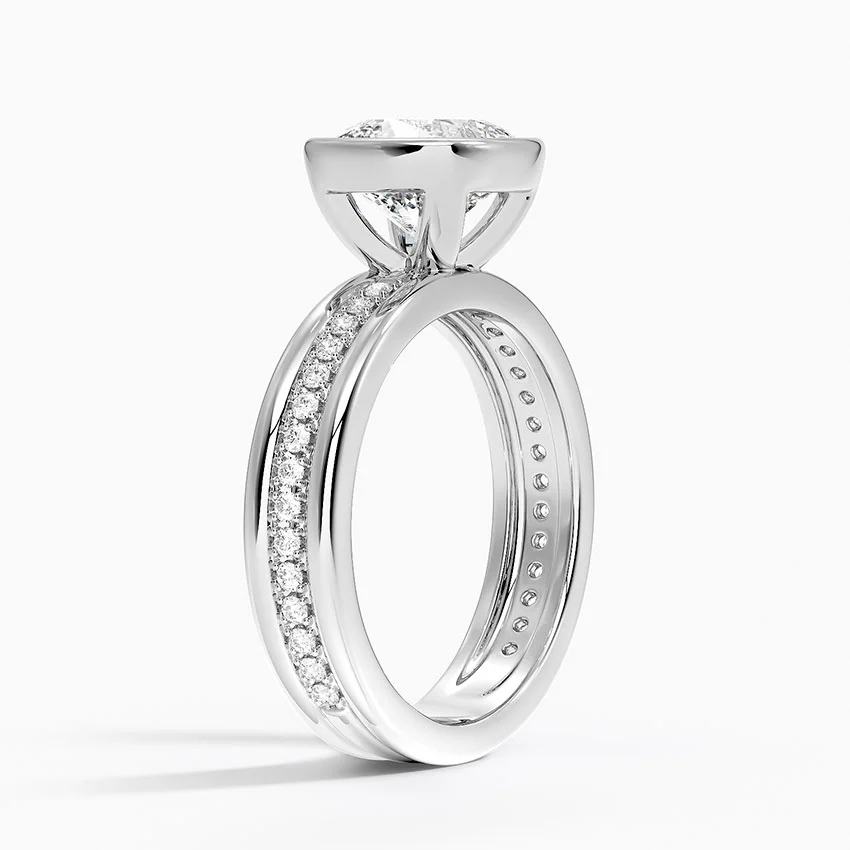 Cushion Cut Bezel Set Diamond Engagement Ring, Split Shank Pavé Band, Minimalist Luxury Solitaire Ring