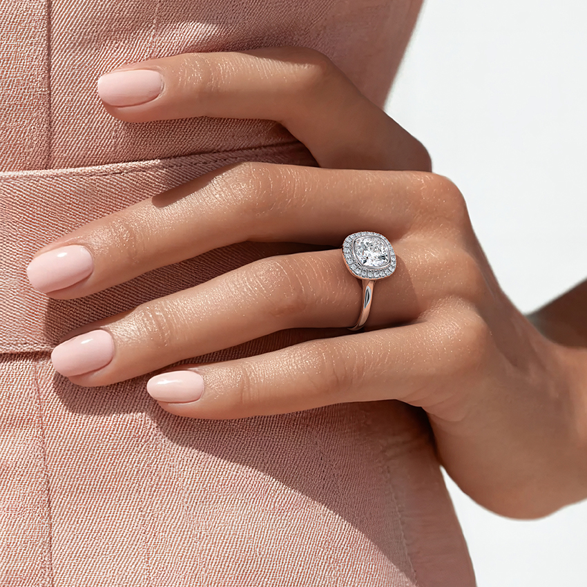 Round Brilliant Cut Diamond Halo Engagement Ring, Classic Bezel Halo Ring, Bridal Promise Ring