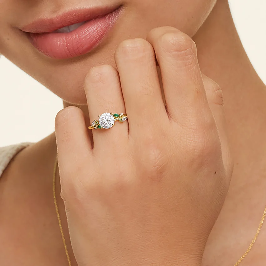 Round Cut Moissanite Engagement Ring with Emerald Leaf Side Stones, Nature Inspired Bridal Ring, Solid Gold Solitaire Ring (Copy)