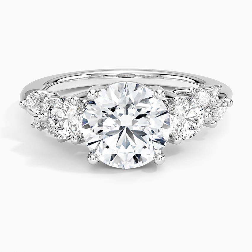 Round Cut Moissanite Three Stone Engagement Ring, Diamond Cluster Side Stones Ring, Solid Gold Bridal Ring