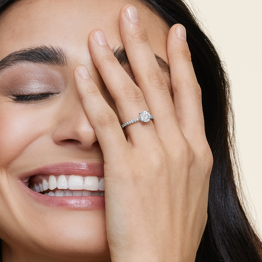 Round Cut Moissanite Engagement Ring, Hidden Halo Pave Band Ring, Bridal Ring