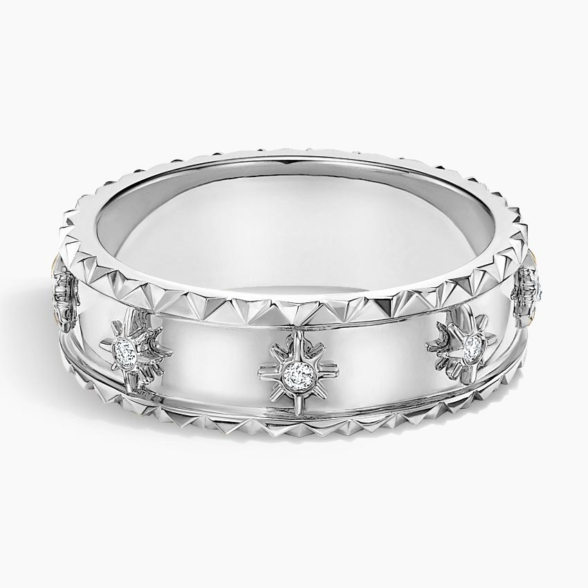 Starburst Diamond Band Ring, Textured Edge Wedding Ring, Unisex Luxury Band