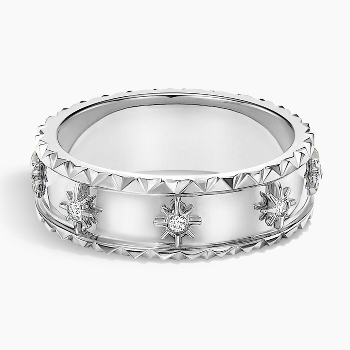 Starburst Diamond Band Ring, Textured Edge Wedding Ring, Unisex Luxury Band