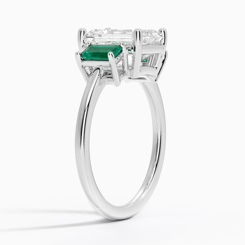 Emerald Cut Diamond Three Stone Ring with Green Emerald Side Stones,Solid Gold Engagement Ring