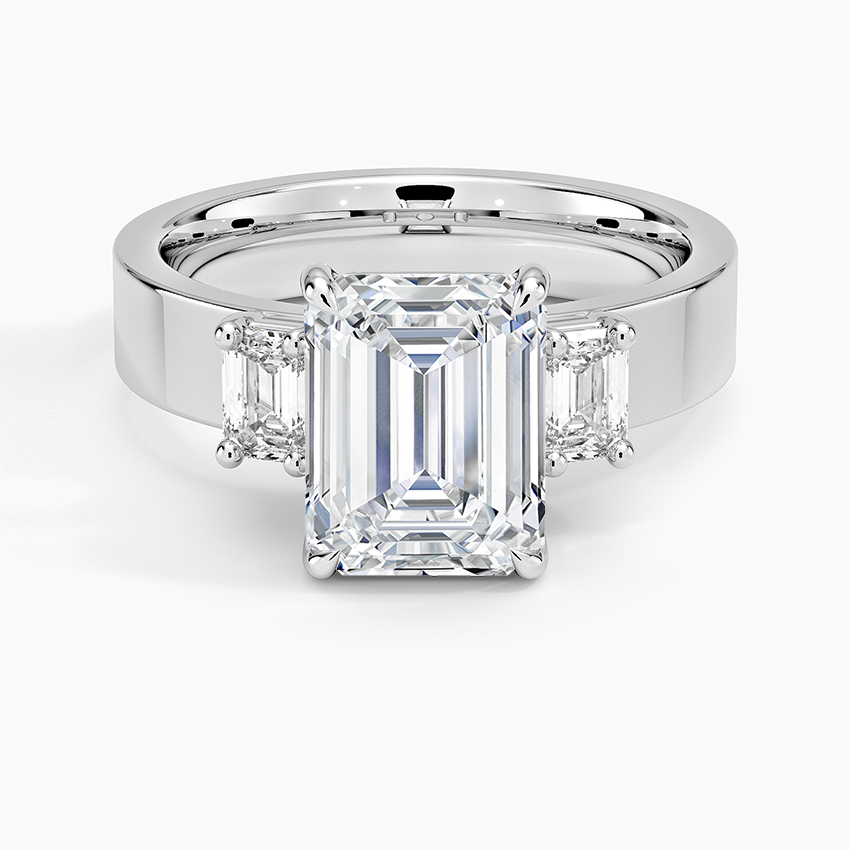 Emerald Cut Diamond Engagement Ring, Three Stone Diamond Ring, Wide Band Solitaire Ring