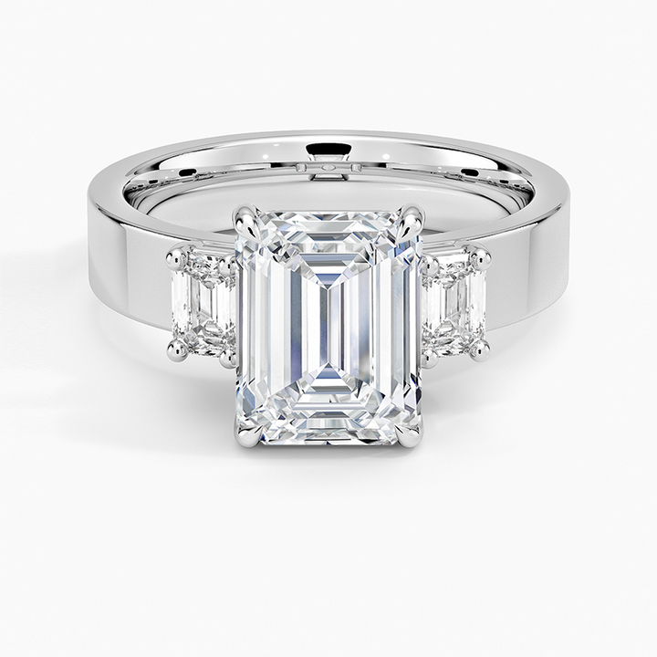 Emerald Cut Diamond Engagement Ring, Three Stone Diamond Ring, Wide Band Solitaire Ring