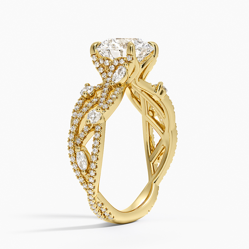 Vintage Inspired Round Cut Moissanite Engagement Ring, Twisted Vine Diamond Band, Floral Split Shank Ring