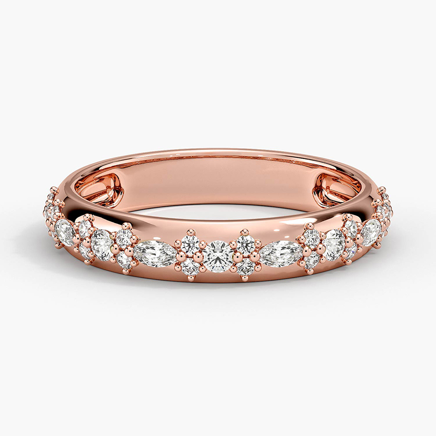 Floral Diamond Wedding Band, Marquise & Round Diamond Ring, Stackable Anniversary Ring