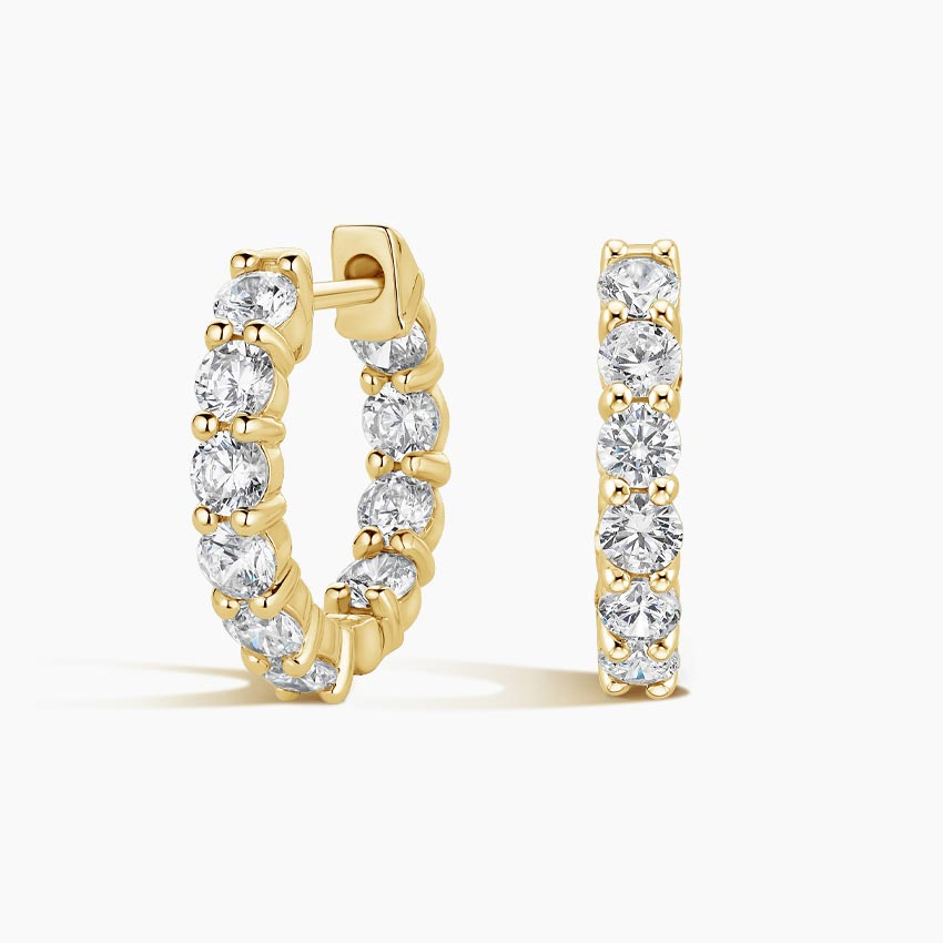 Round Brilliant Diamond Huggie Hoop Earrings, Minimalist Gold & White Gold Everyday Hoops