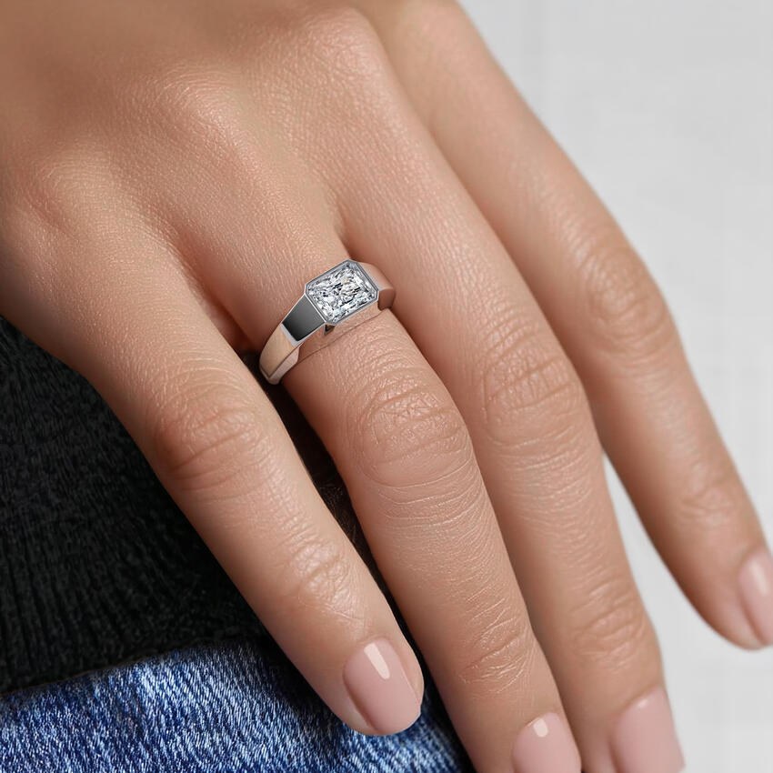 Radiant Cut Bezel Set Diamond Ring, Wide Band Engagement Ring, Minimalist Luxury Solitaire Ring