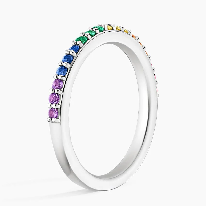 Rainbow Diamond Eternity Band Ring, Multicolor Gemstone Stackable Ring, Pride Jewelry Gift
