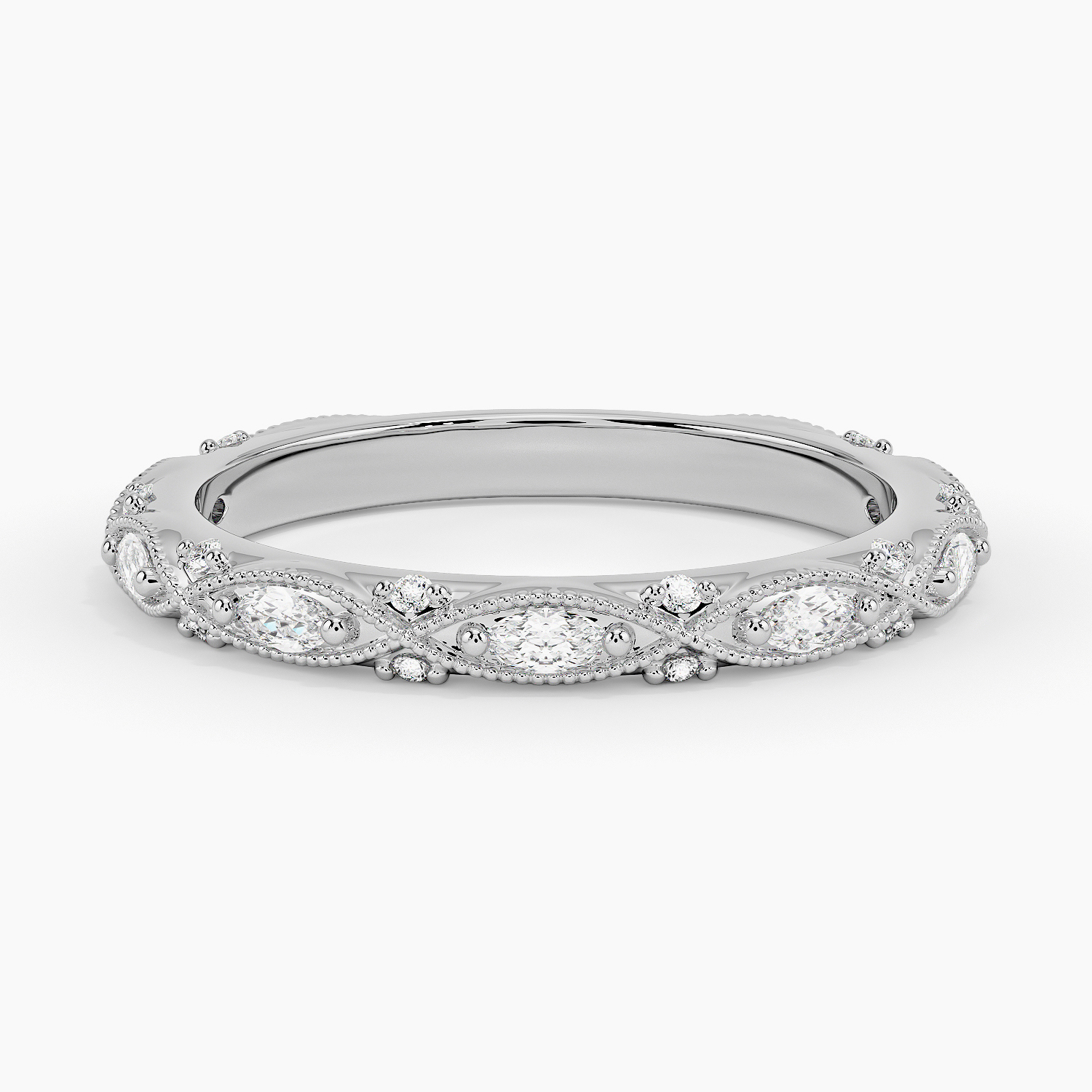 Marquise & Round Diamond Wedding Band, Vintage Milgrain Diamond Ring, Curved Stackable Anniversary Ring