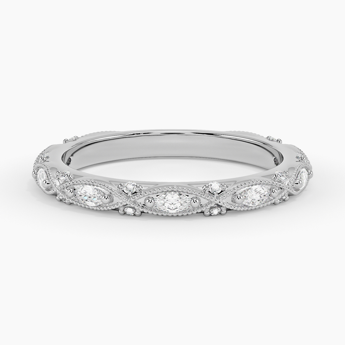Marquise & Round Diamond Wedding Band, Vintage Milgrain Diamond Ring, Curved Stackable Anniversary Ring