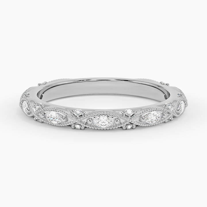 Marquise & Round Diamond Wedding Band, Vintage Milgrain Diamond Ring, Curved Stackable Anniversary Ring